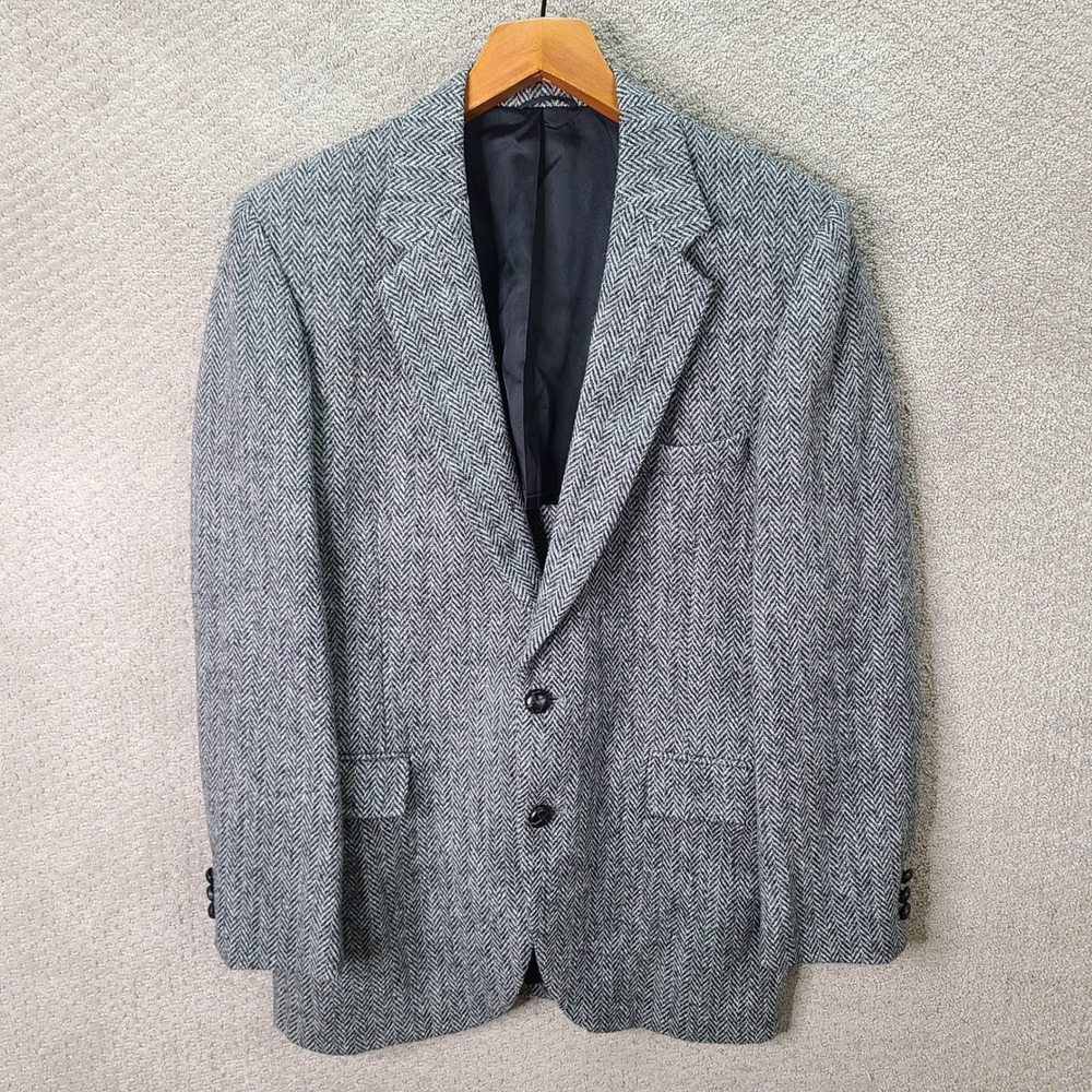 Vintage Stafford Jacket Mens 38R Gray Herringbone Blazer Harris Tweed Wool Coat